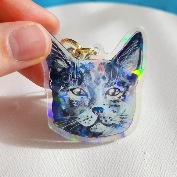 Gray Chartreux Cat Keychain, Cute Holo Keyring Gift, Holographic Acrylic Cat - Picture 1 of 4